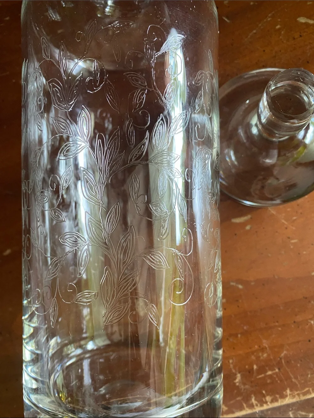 Vintage Mid-Century Hand-Blown Etched Glass Decanter with Flat-Top Disc Stopper
